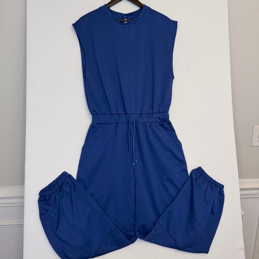 Womens Small Blue Barrel Leg Jumpsuit Sleeveless Cropped Jogger Fall